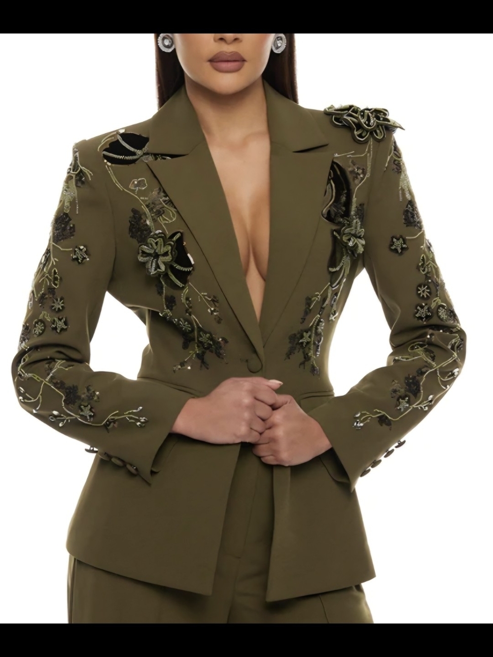 Embellished Olive Green Women's Blazer Jacket